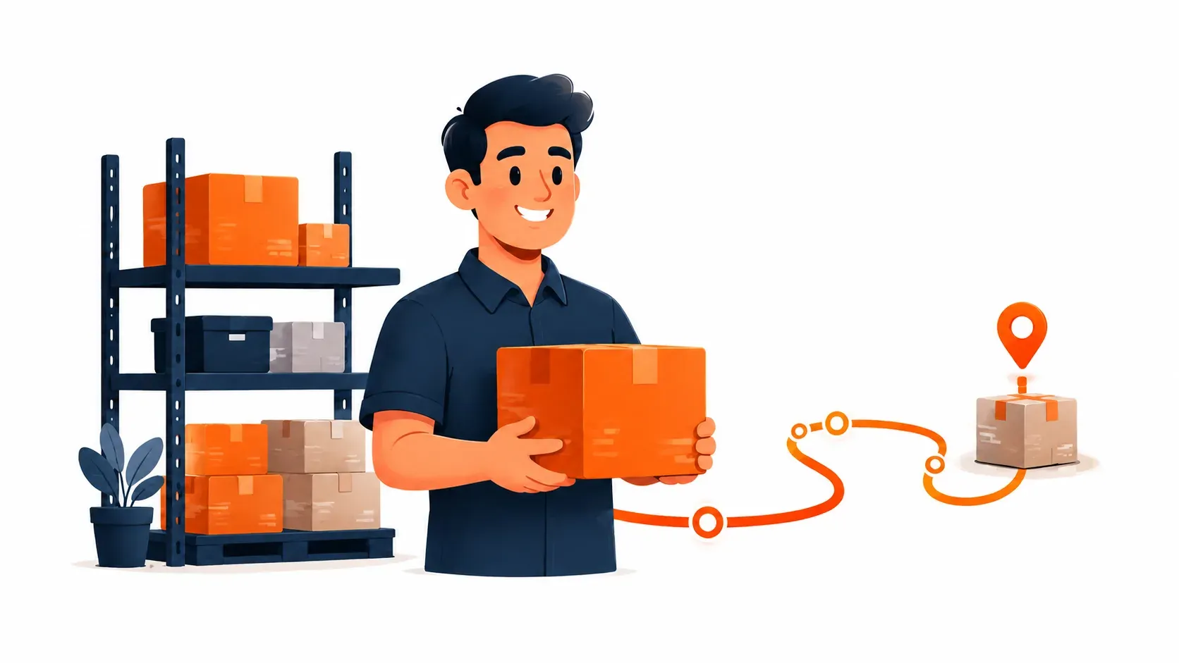 Operador de Uva preparando una caja, junto al inventario y una ruta de entrega